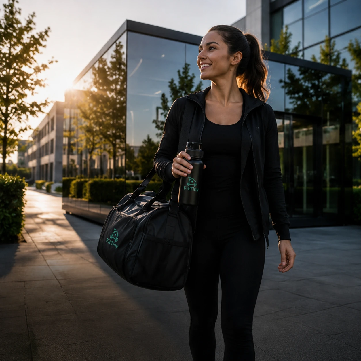 Une collaboratrice repart de FitTiny avec son sac et sa gourde